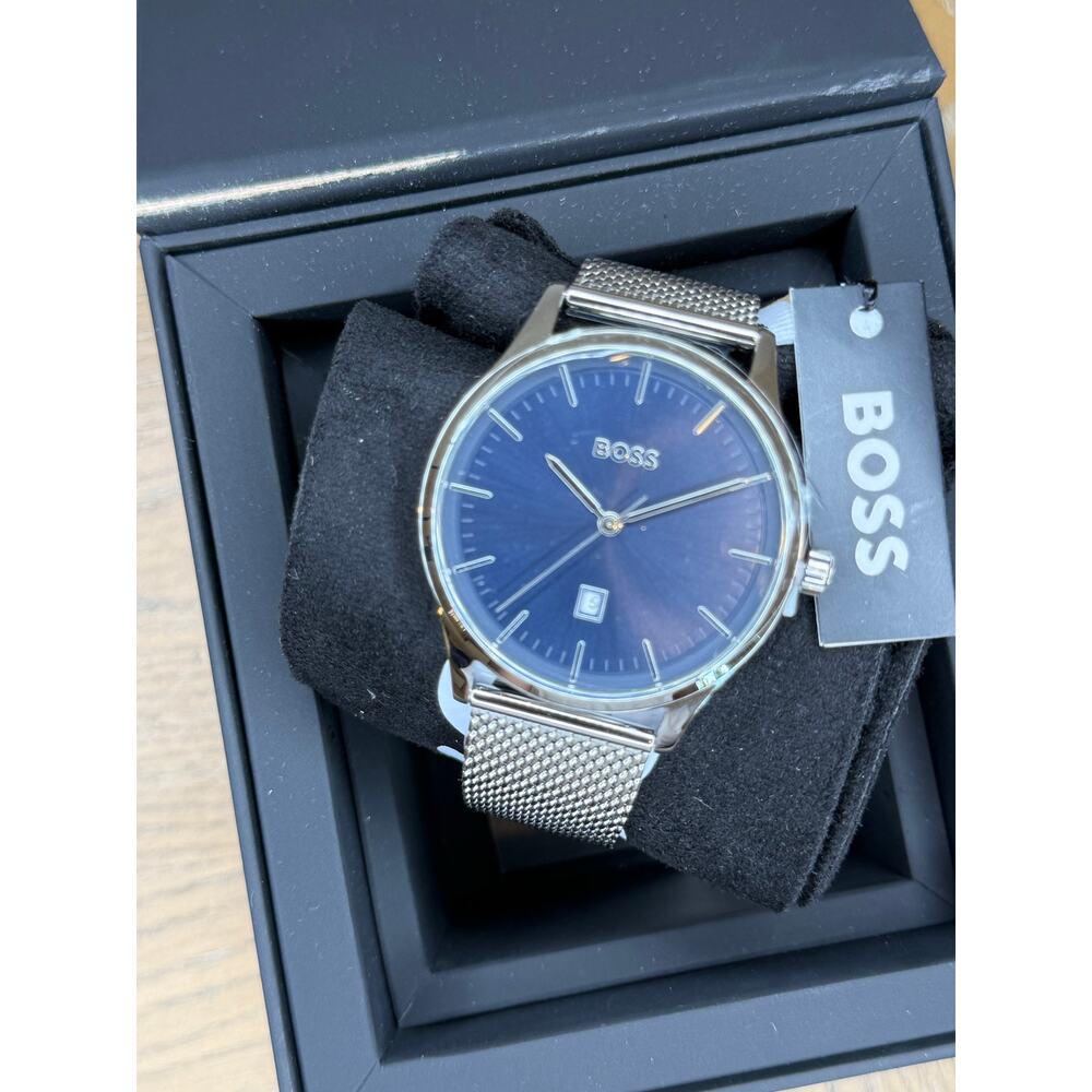 Hugo Boss Mens Watch Blue Dial Mesh Stainless Steel Bracelet Date Quartz New Box - Picture 2 of 7